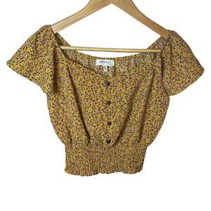 Monteau Flutter Sleeve Pullover Crop Top‎ Yellow Floral Style #28874 Women Small
